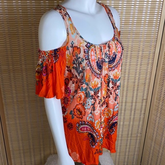 🔶Democracy Orange Floral Cold Shoulder Flutter Sleeves Size Small NWT - Picture 3 of 6